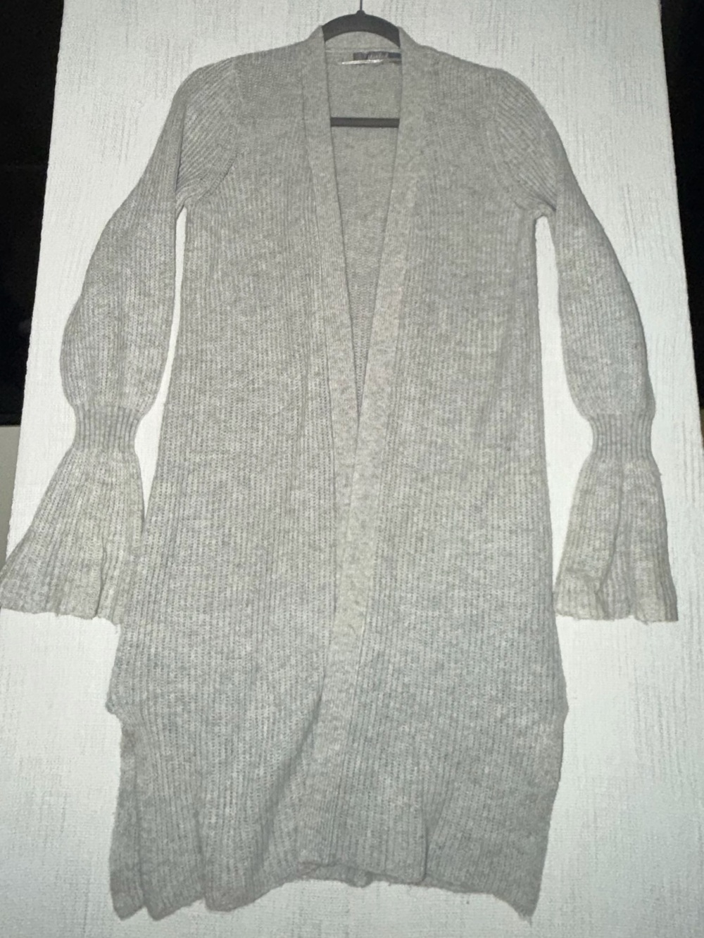 Marled Gray Long Cardigan Bell Sleeve Open Front Coastal Grandma Cozy Sweater XS